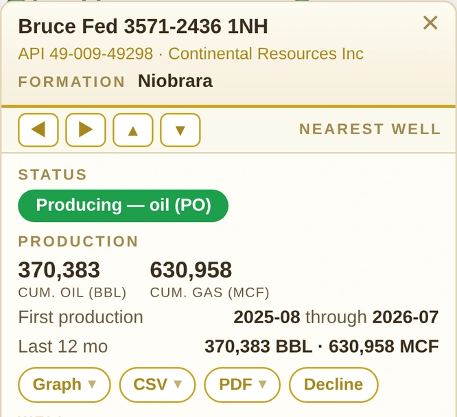 A well card: name, operator, formation, status, cumulative oil and gas, first production and the last twelve months